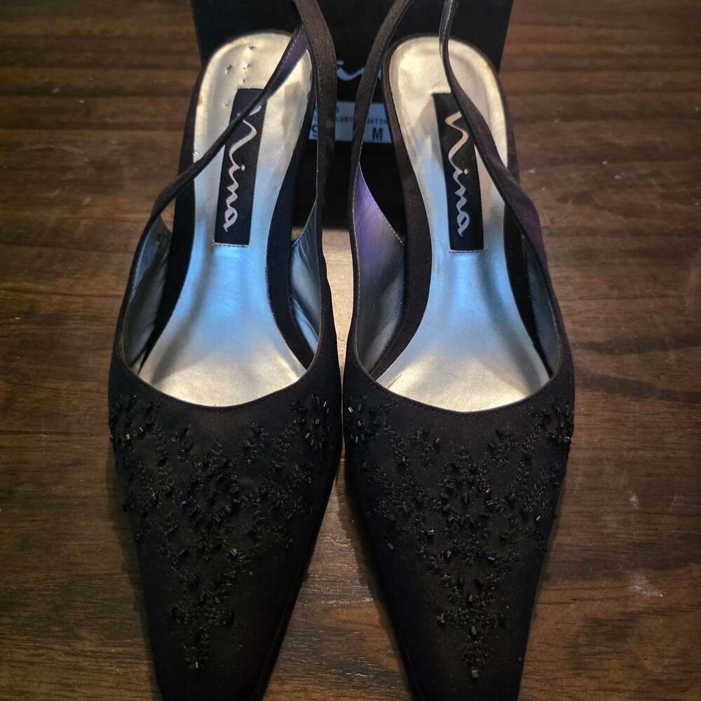 Nina JEN-LS Black Luster Satin Beaded Slingback Heels Size 9M